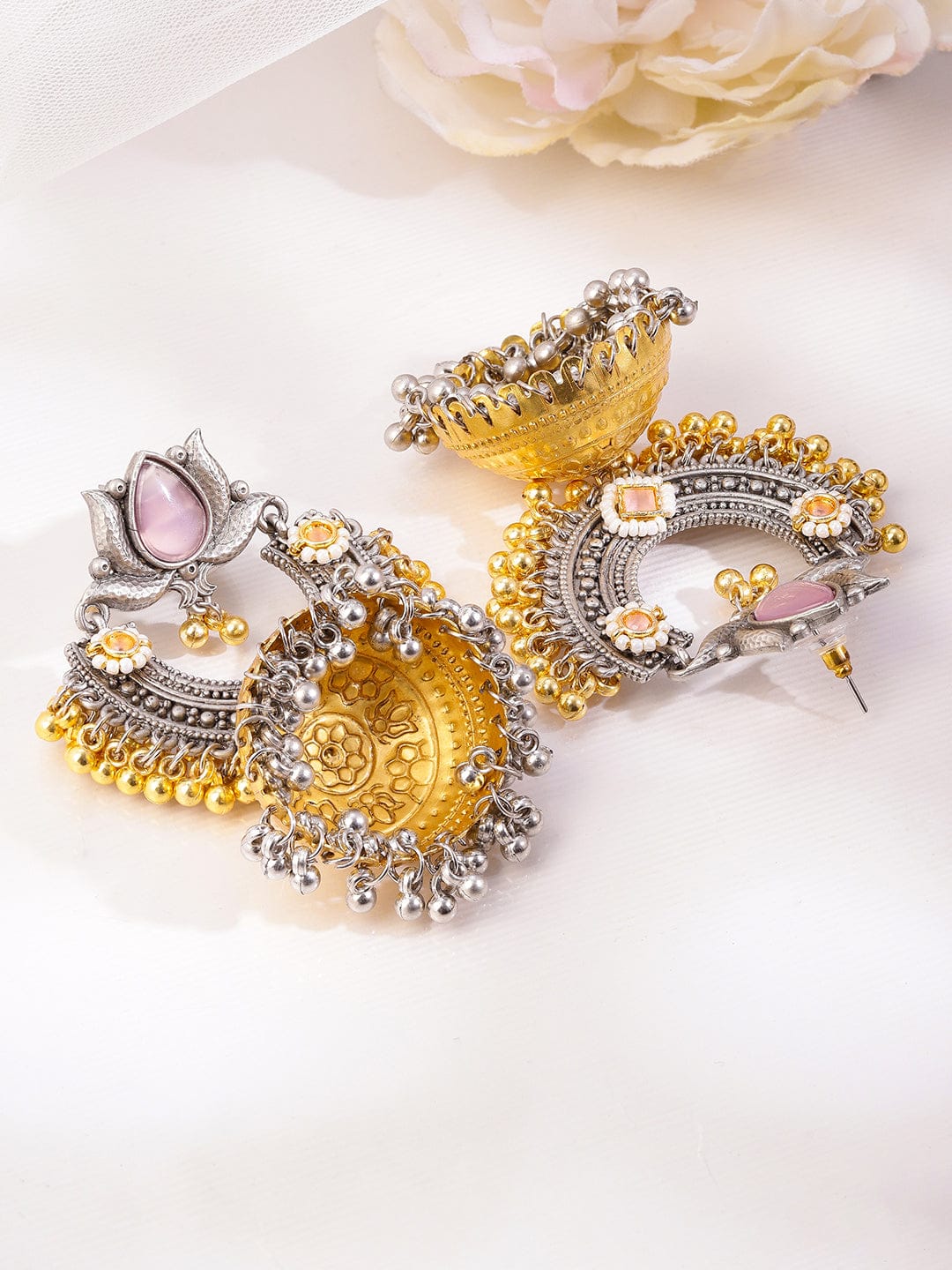 Pink Petal Charm Oxidised Jhumkas フリーサイズ