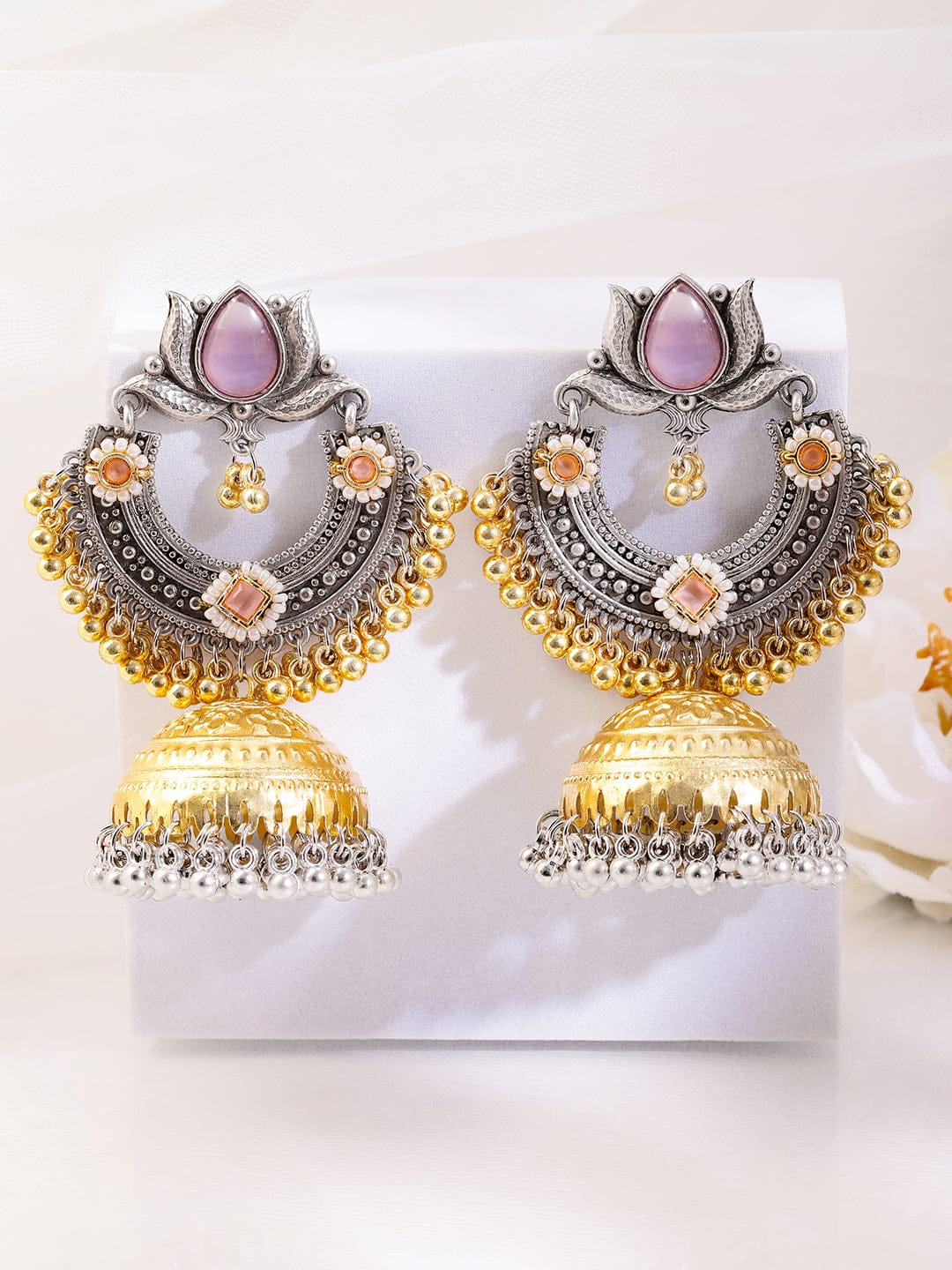 Pink Petal Charm Oxidised Jhumkas フリーサイズ
