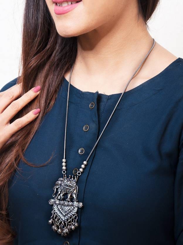 Rubans Silver Oxidised Handcrafted Elephant Pendant Necklace Silver