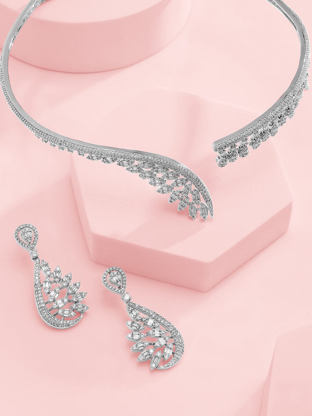 American Diamond Zirconia Leaf Cluster Choker Set フリーサイズ