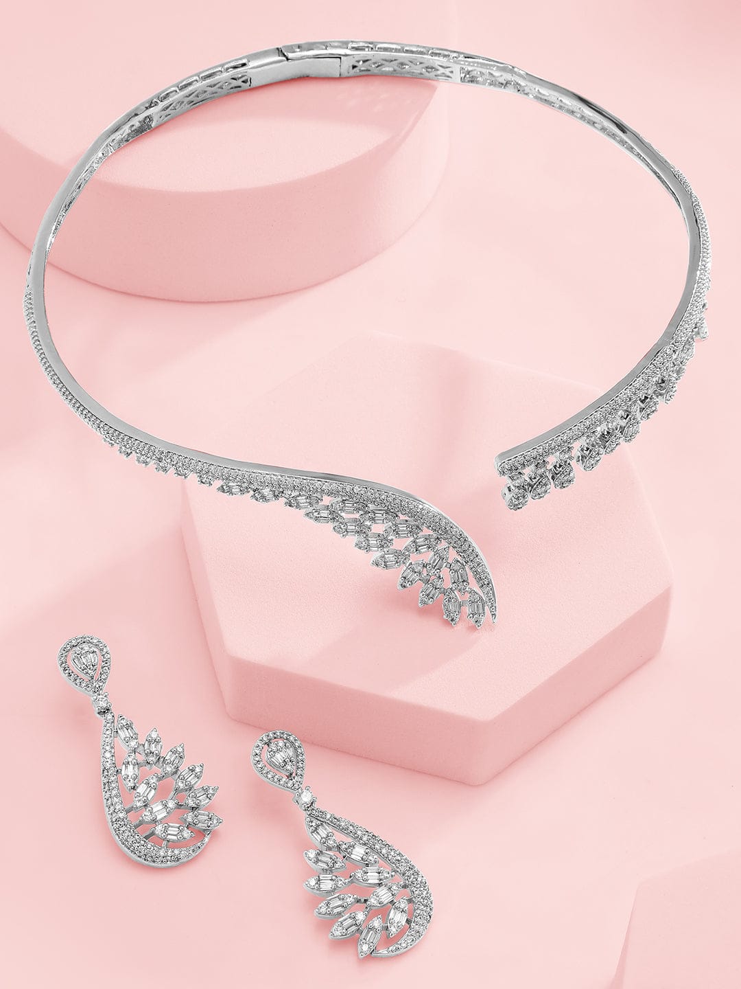 American Diamond Zirconia Leaf Cluster Choker Set フリーサイズ