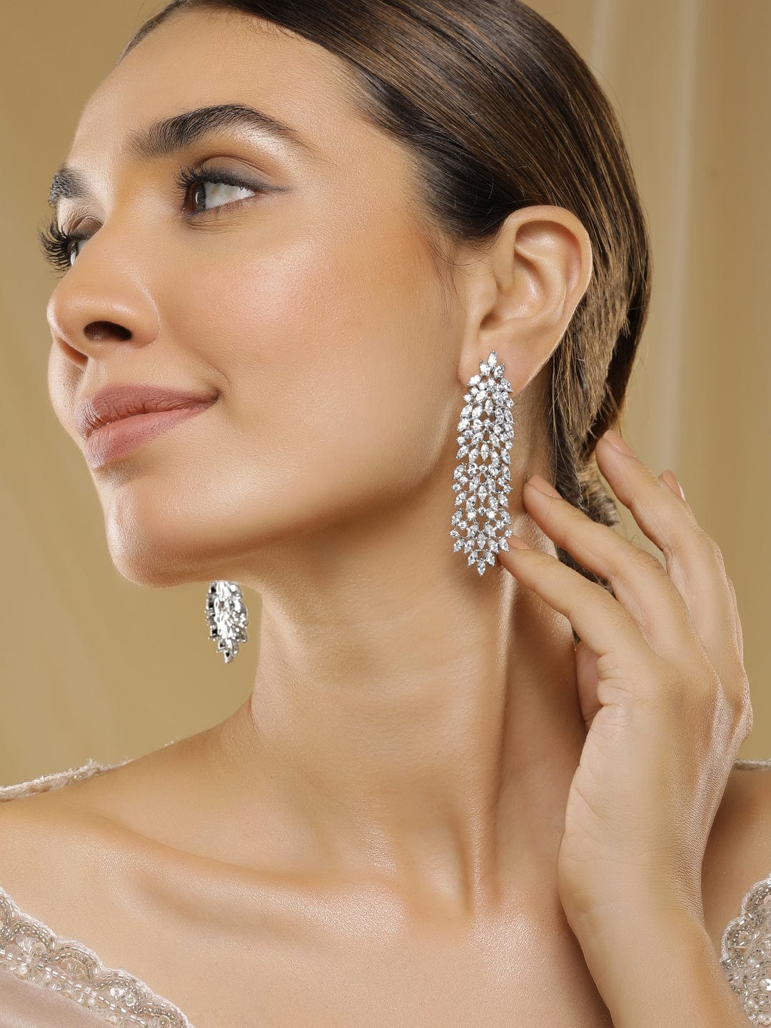 Rubans Silver-Plated AAA Cubic Zirconia Studded Premium Long Drop Earrings Silver