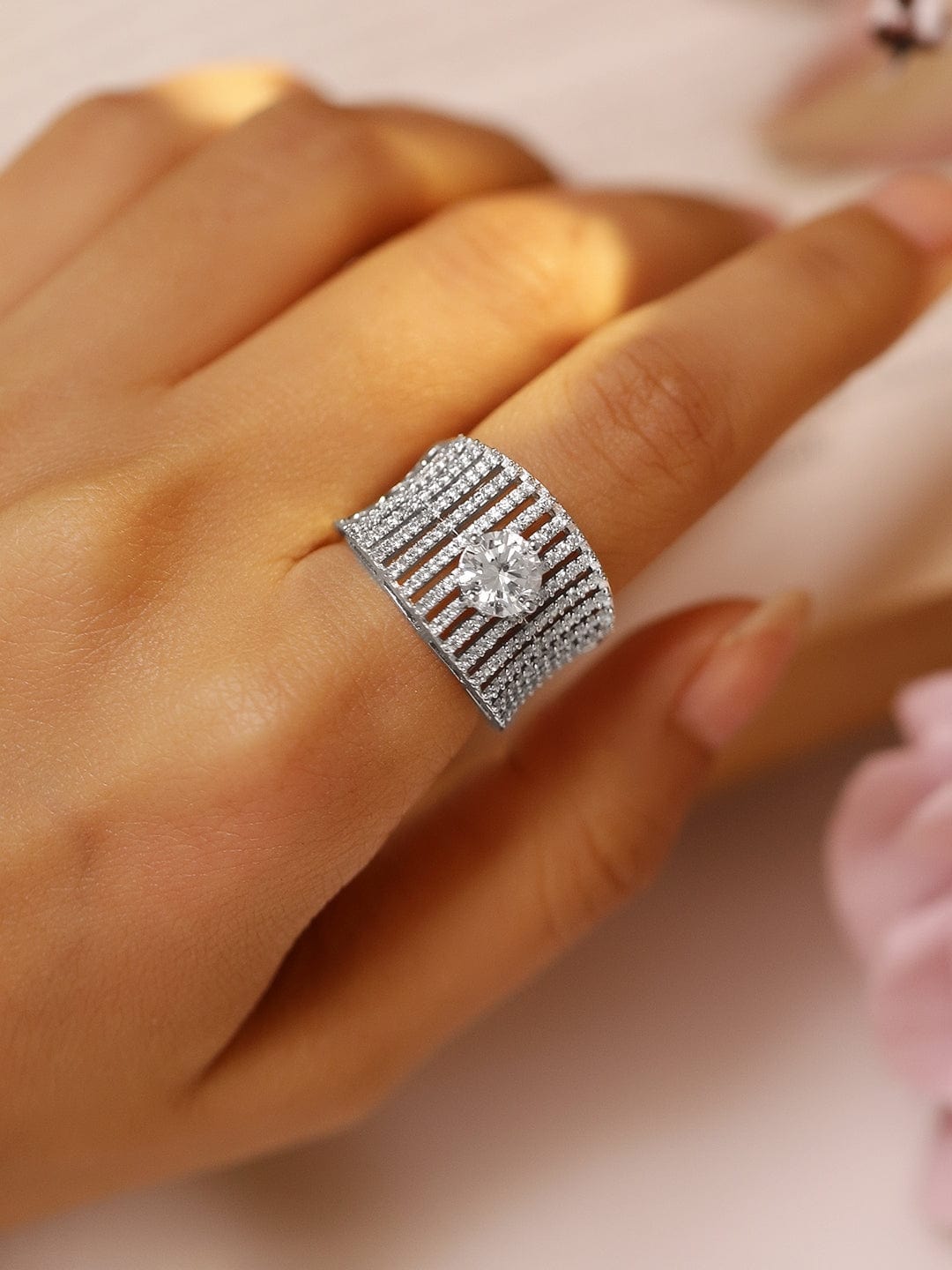 American Diamond Zirconia Statement Ring Silver