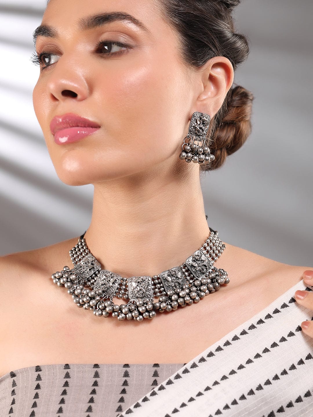 Oxidized Silver Bead Work Necklace Set Silver