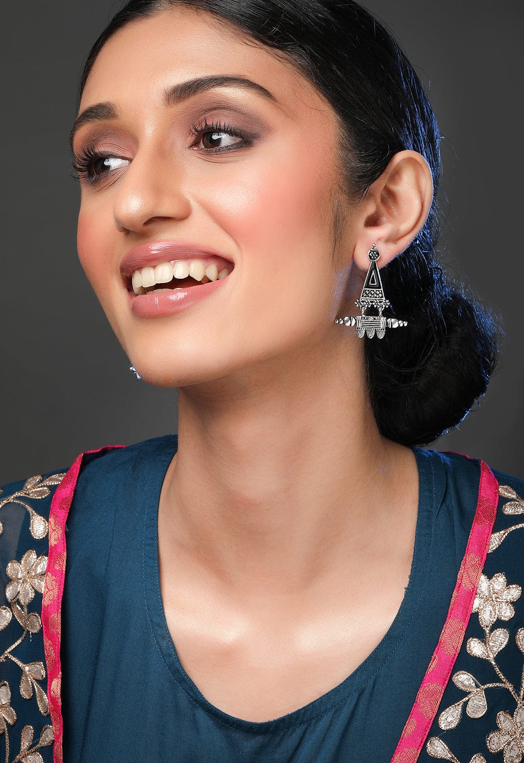 Rubans Silver-Plated Black Enamel Handpainted Triangular Drop Earrings Silver
