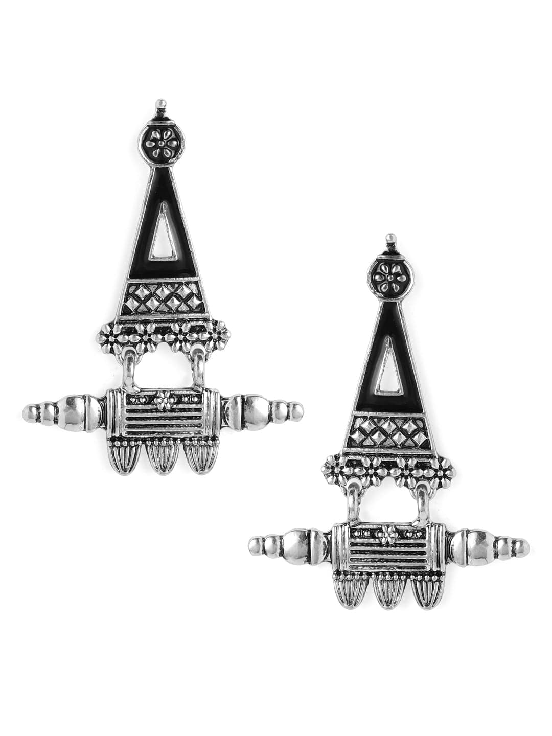 Rubans Silver-Plated Black Enamel Handpainted Triangular Drop Earrings Silver
