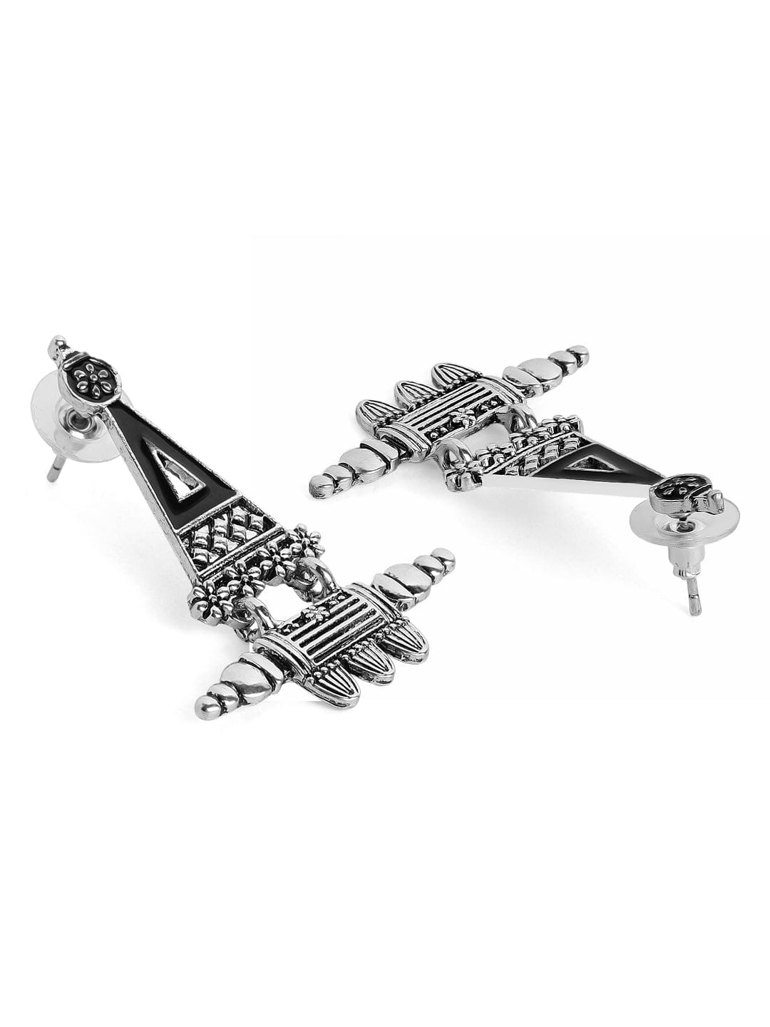 Rubans Silver-Plated Black Enamel Handpainted Triangular Drop Earrings Silver