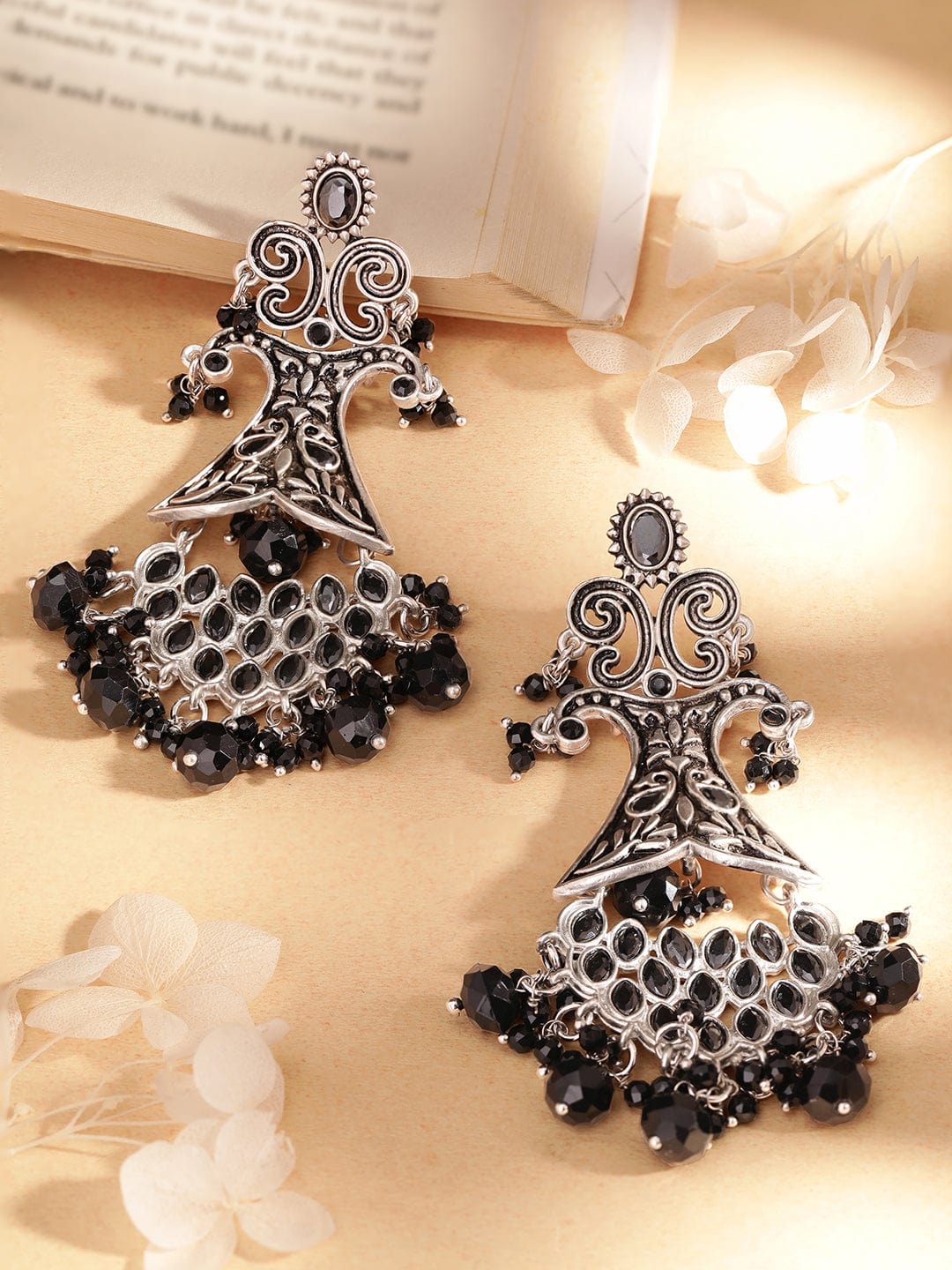 Rubans Silver Plated Black Stone Studded Earrings With Black Beads Silver