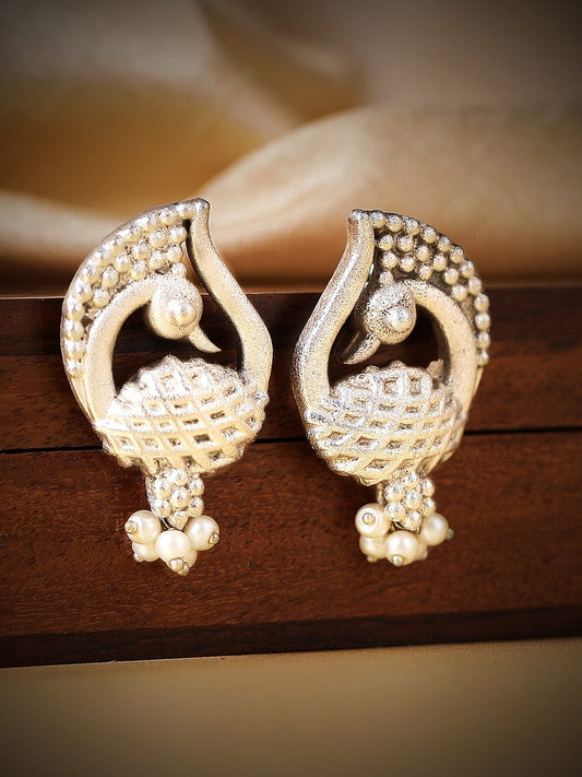 【Rubans】 Silver Plated Handcrafted Peacock Design Earrings with Silver Beads｜シルバーメッキ ハンドクラフト ピーコック シルバービーズ イヤリング