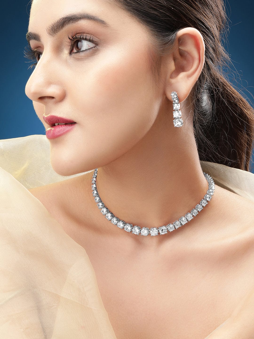 Dainty Zircon Adjustable tennis necklace set Silver