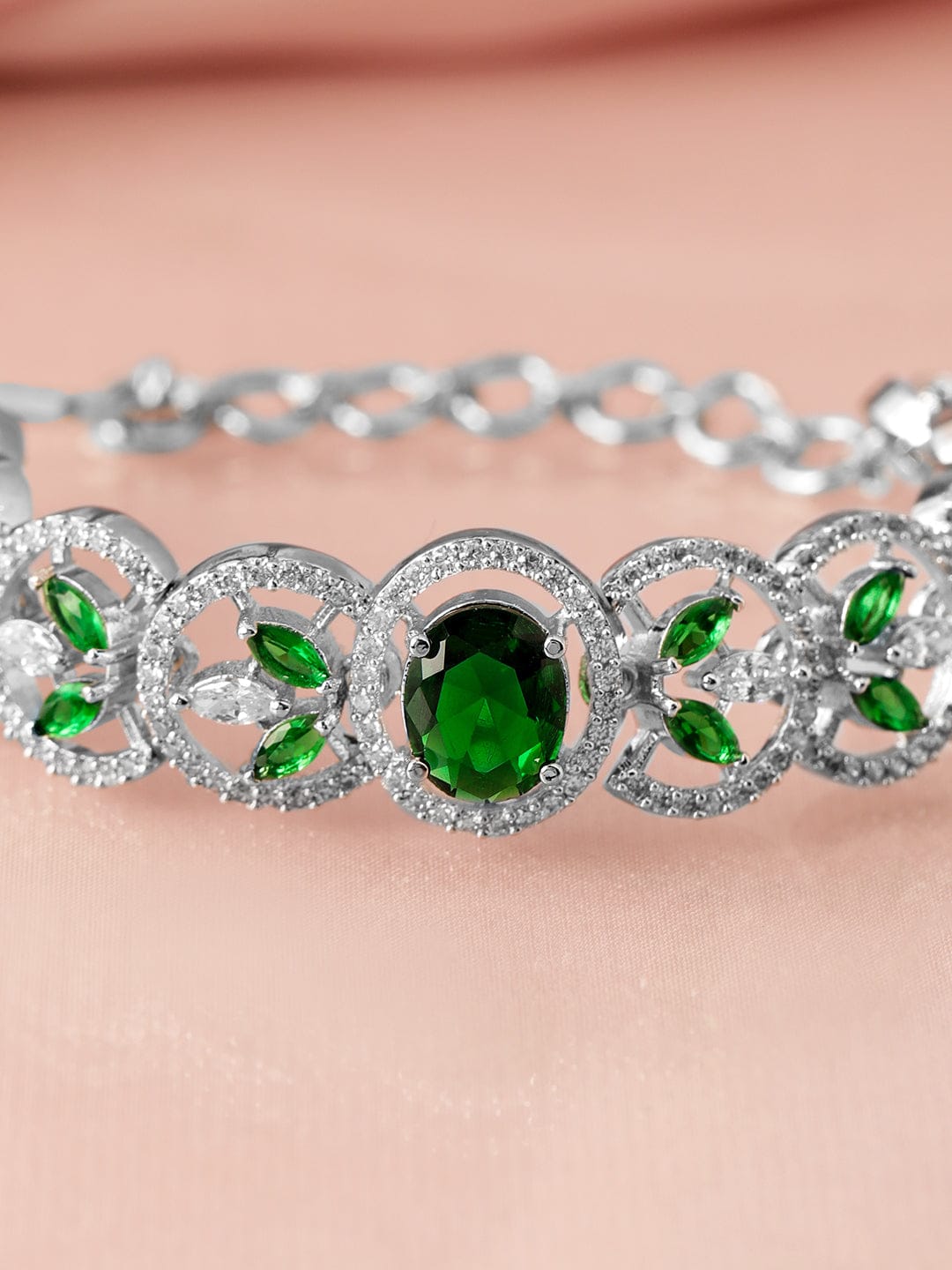 Rubans Silver-Plated Emerald Green & Cubic Zirconia Studded Premium Bracelet Silver