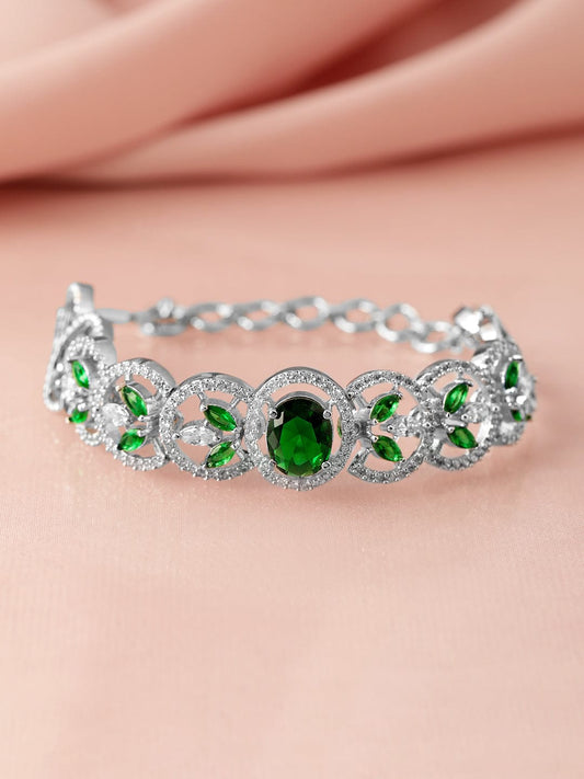 Rubans Silver-Plated Emerald Green & Cubic Zirconia Studded Premium Bracelet Silver