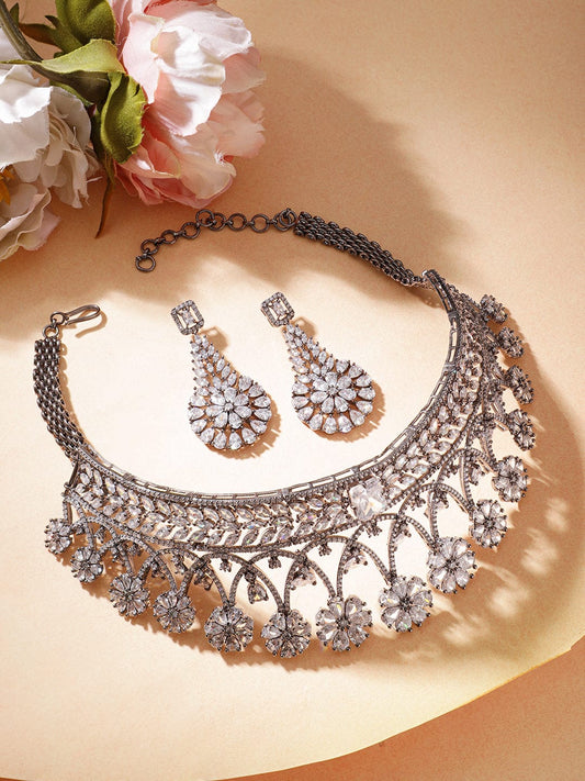 【Rubans】 Silver-Plated Floral Design with AAA Cubic Zirconia Studded Luxury Premium Jewellery Set｜シルバーメッキ フローラルデザイン AAA キュービックジルコニア ラグジュアリー プレミアム ジュエリーセット