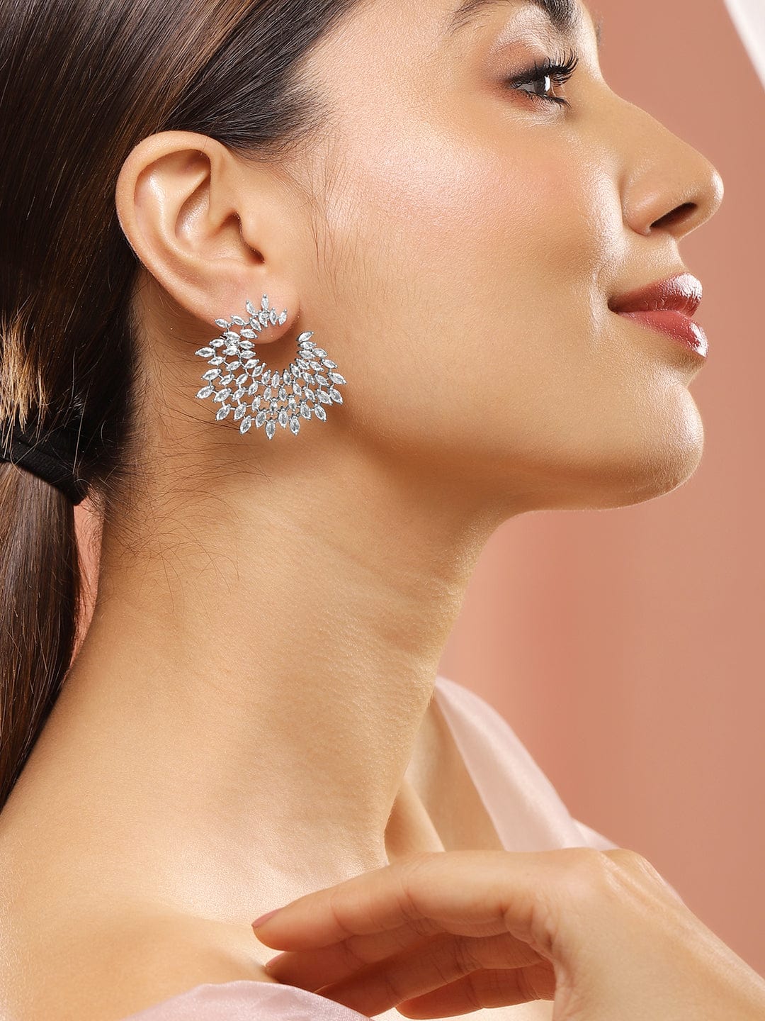 Rubans Silver-Plated Handcrafted AD & Cubic Zirconia Studded Designer Spiral Stud Earring Silver