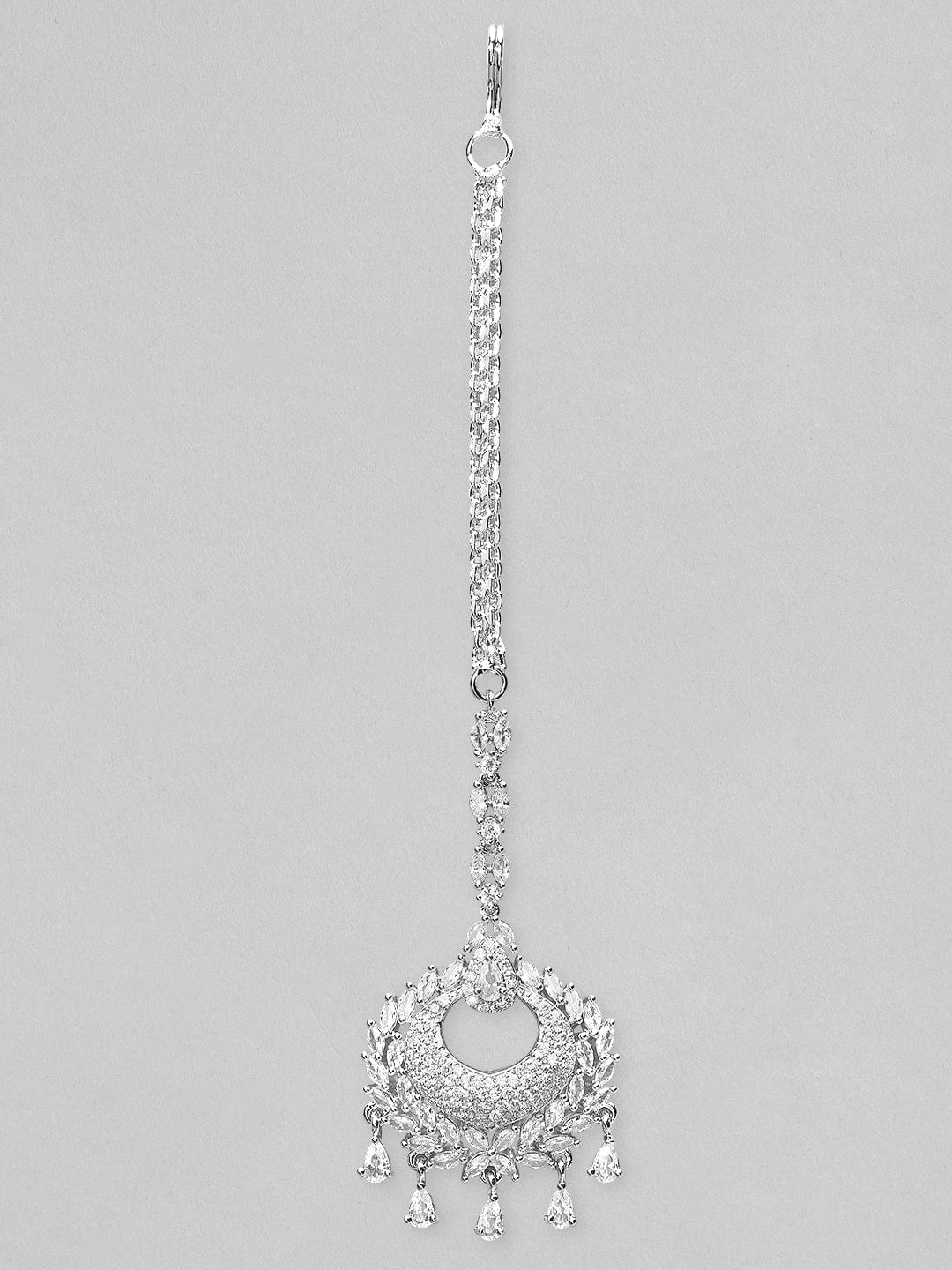 Rubans Silver-Plated Handcrafted AD Studded Maangtikka Silver