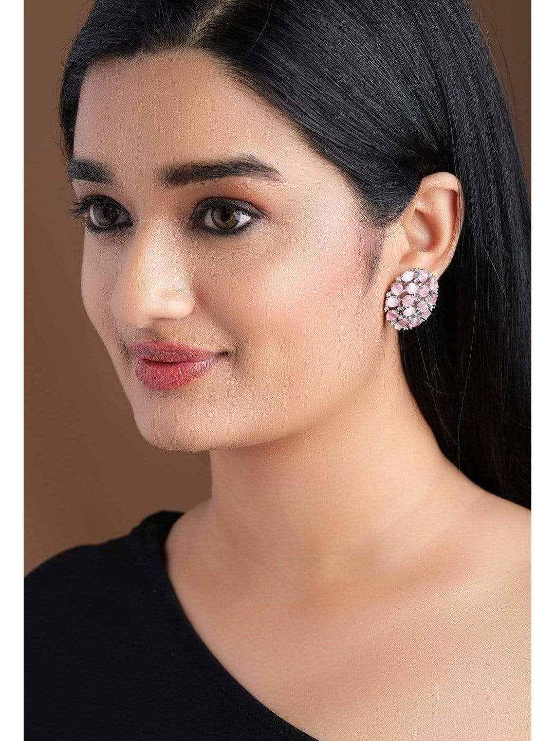 【Rubans】 Silver Plated Handcrafted Pink Zircon Stone Stud Earrings｜シルバーメッキ ハンドクラフト ピンクジルコン ストーン スタッドイヤリング