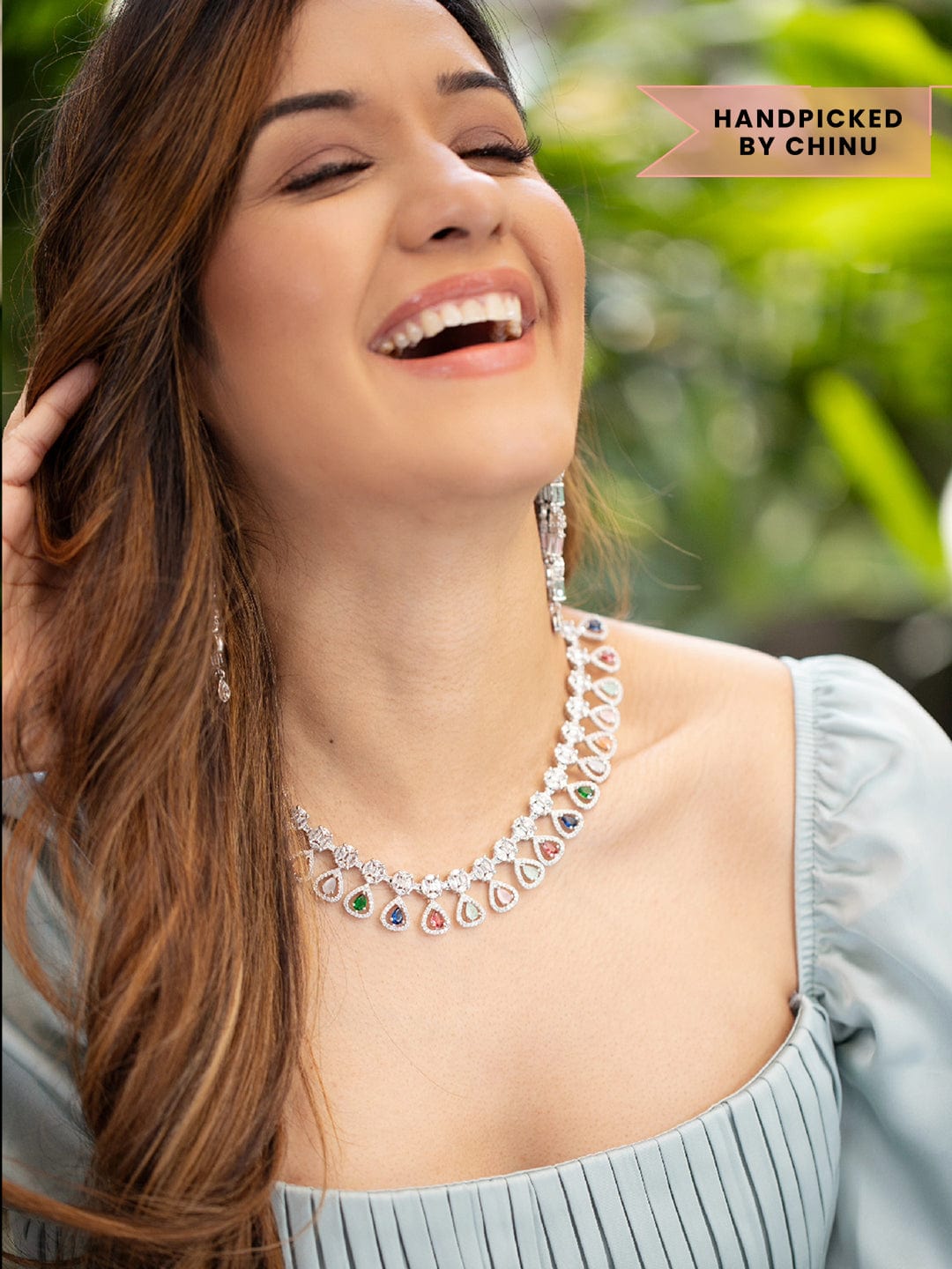 Rubans Silver Plated Multicoloured Stone Studded American Diamond Necklace Set. Silver