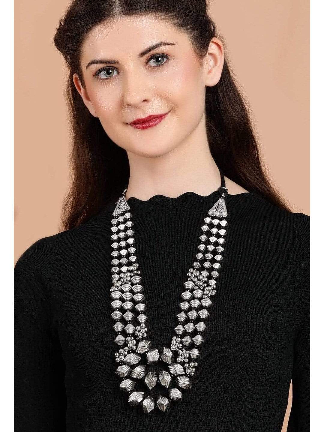 Rubans Silver Plated Oxidised Handcrafted Multi Layer Boho Necklace Silver