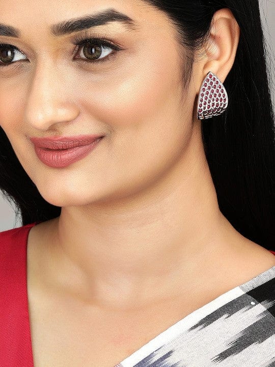 Teardrop Motif Oxidised Red Stud Earrings Silver