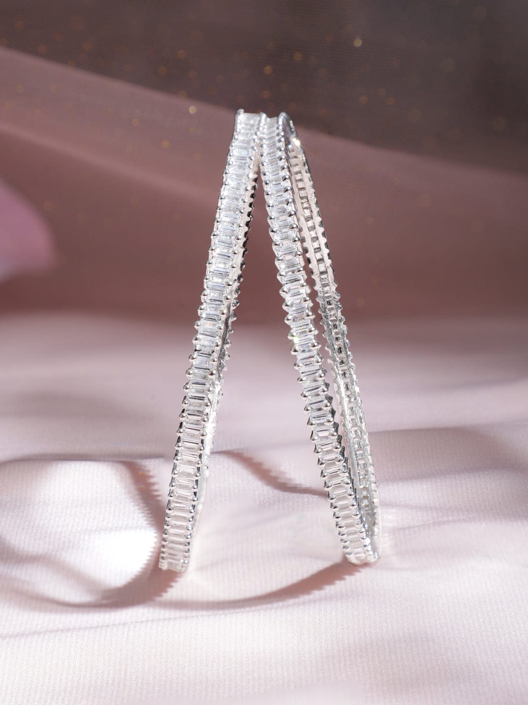 Rubans Silver Plated Set of 2 Zirconia Stone Studded Bangles 2.8 - Large / Silver