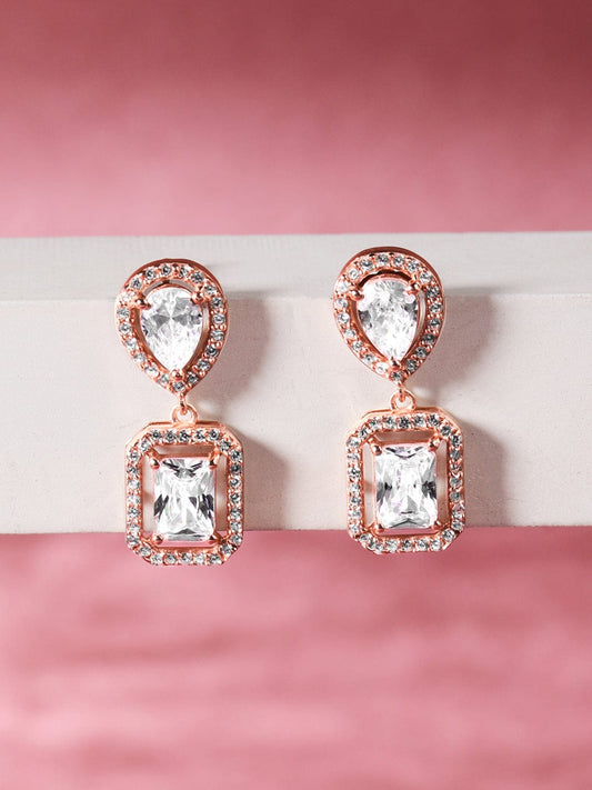 Elegant Squares American Diamond Zirconia Drop Earrings Rose Gold