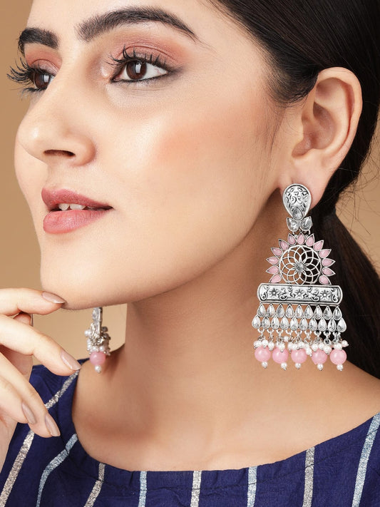 Rubans Silver Toned Contemprory Dropped Earrings with Pink Beads Silver