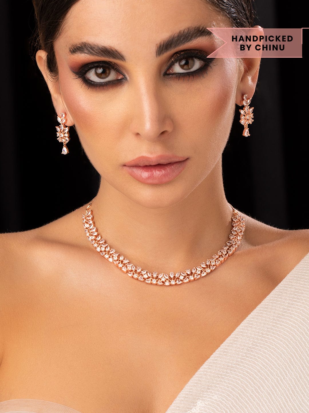 Rubans Simple Gold Toned CZ Necklace Set Gold