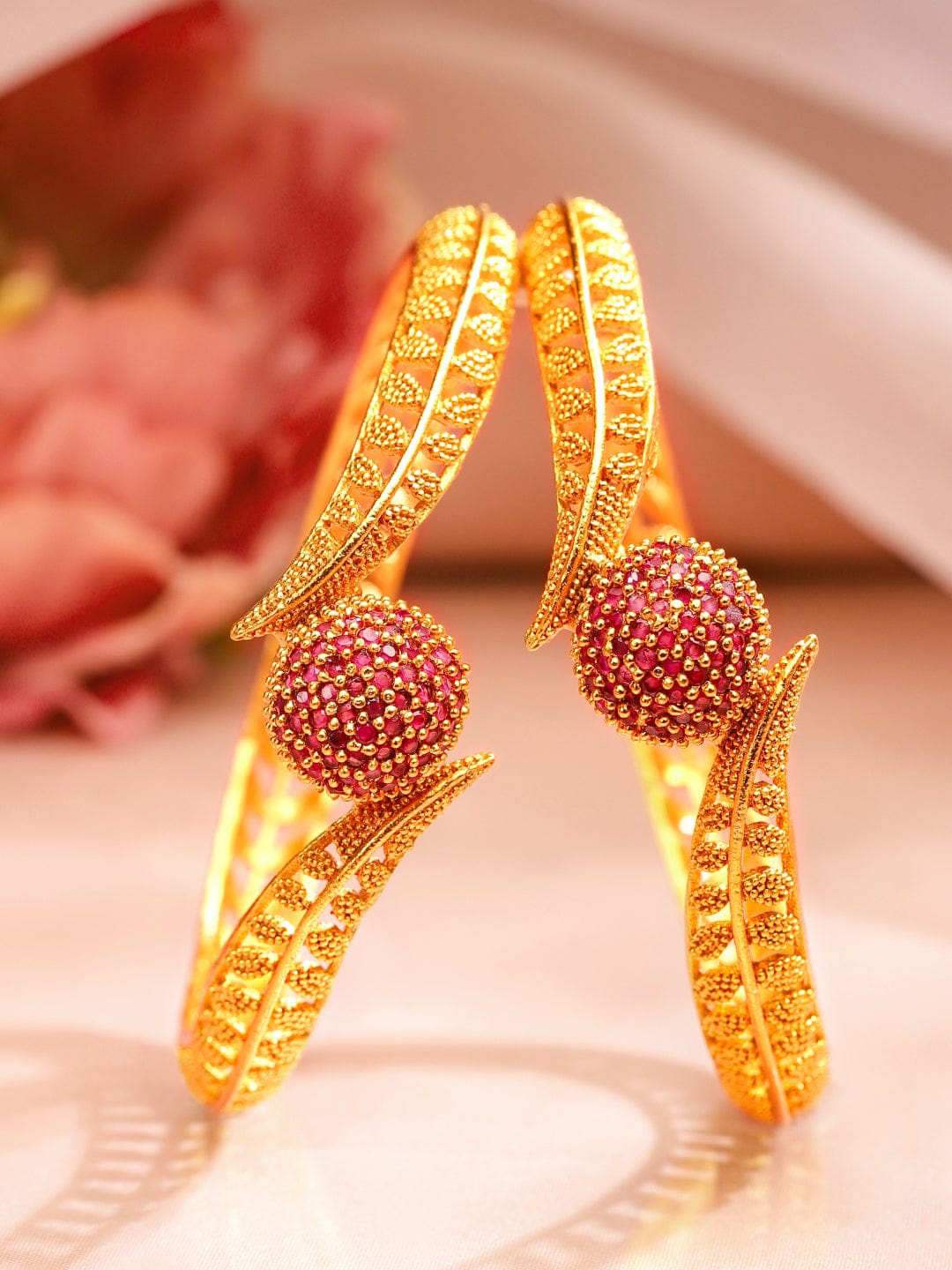 Rubans Set of 2 18K Gold Plated Ruby Studded Geru Polish Finish Traditional Bangles 2.8 - Large
