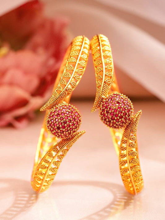 Rubans Set of 2 18K Gold Plated Ruby Studded Geru Polish Finish Traditional Bangles 2.6 - Medium