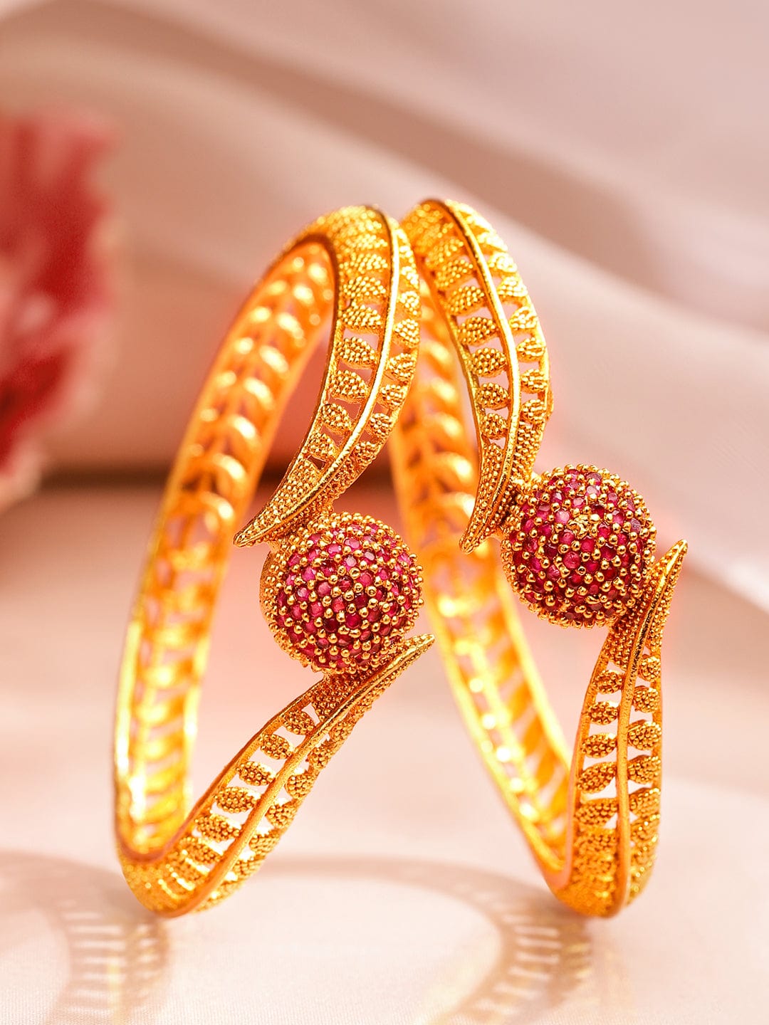 Rubans Set of 2 18K Gold Plated Ruby Studded Geru Polish Finish Traditional Bangles 2.6 - Medium