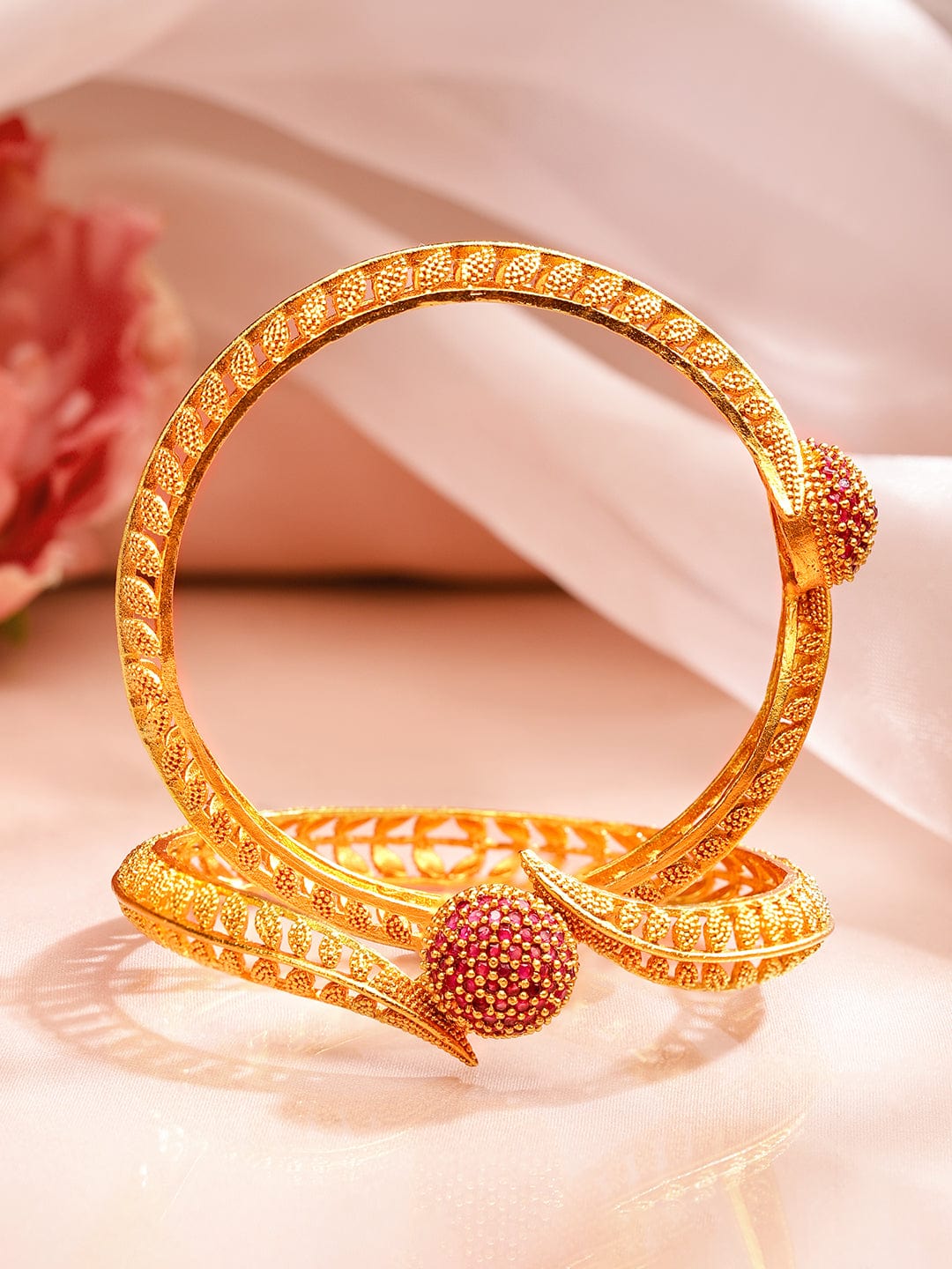 Rubans Set of 2 18K Gold Plated Ruby Studded Geru Polish Finish Traditional Bangles 2.4 - Small