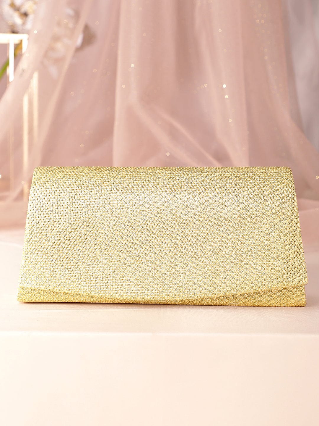 Rubans Timeless Glamour Handcrafted Beige Shimmery Clutch Bag Gold