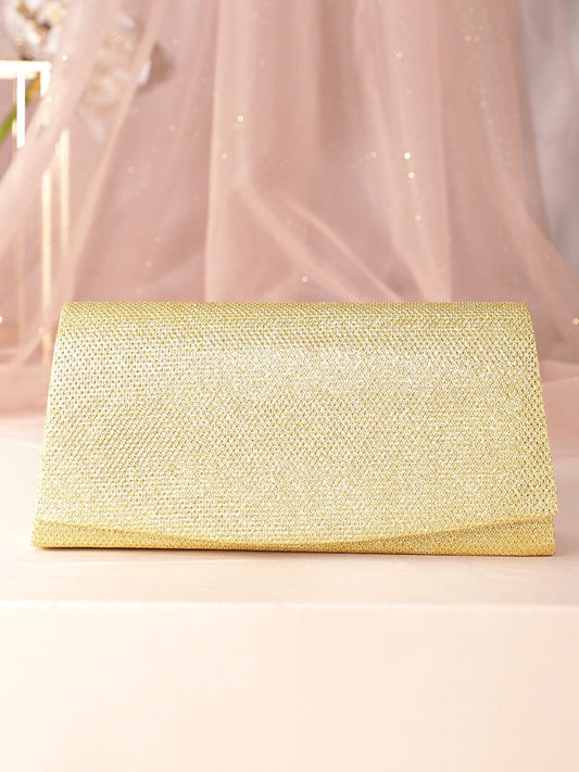 Rubans Timeless Glamour Handcrafted Beige Shimmery Clutch Bag Gold