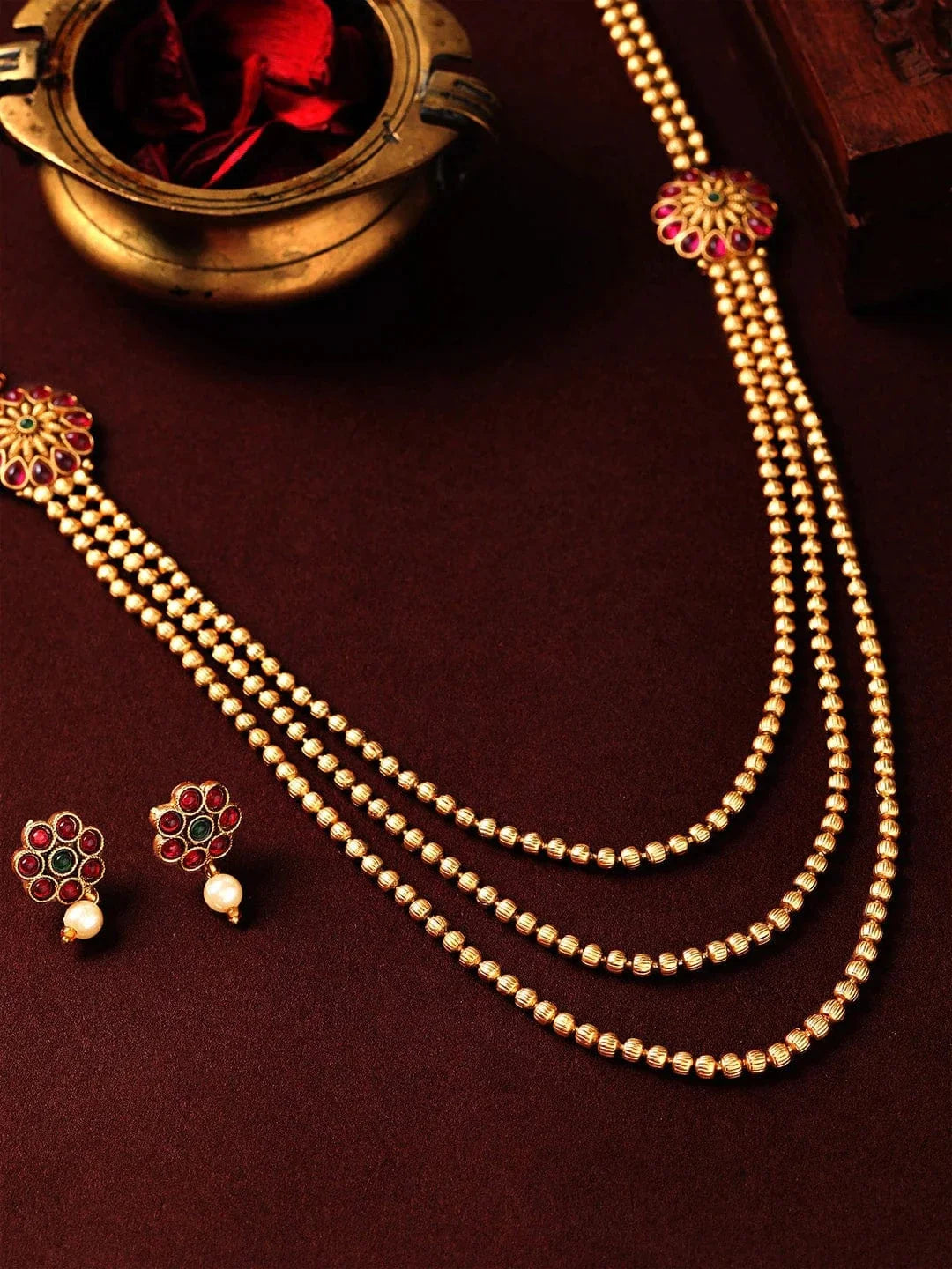 Rubans Traditional 18K Gold Plated Layered Necklace Set With Ruby Stoned Earrings Gold
