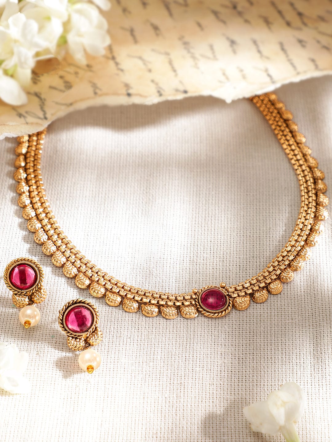 Rubans 18K Gold-Plated Ruby Studded & Pearl Drops Handcrafted Jewellery Set Gold