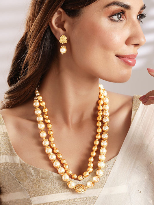 Rubans Traditional Handmade Pearl And Antique Gold Beads Strand Multilayer Necklace Set Gold