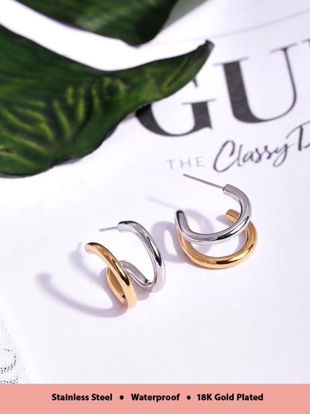 Rubans Voguish 18K Gold And Rhodium Plated Stainless Steel Waterproof Stud Earrings. Gold