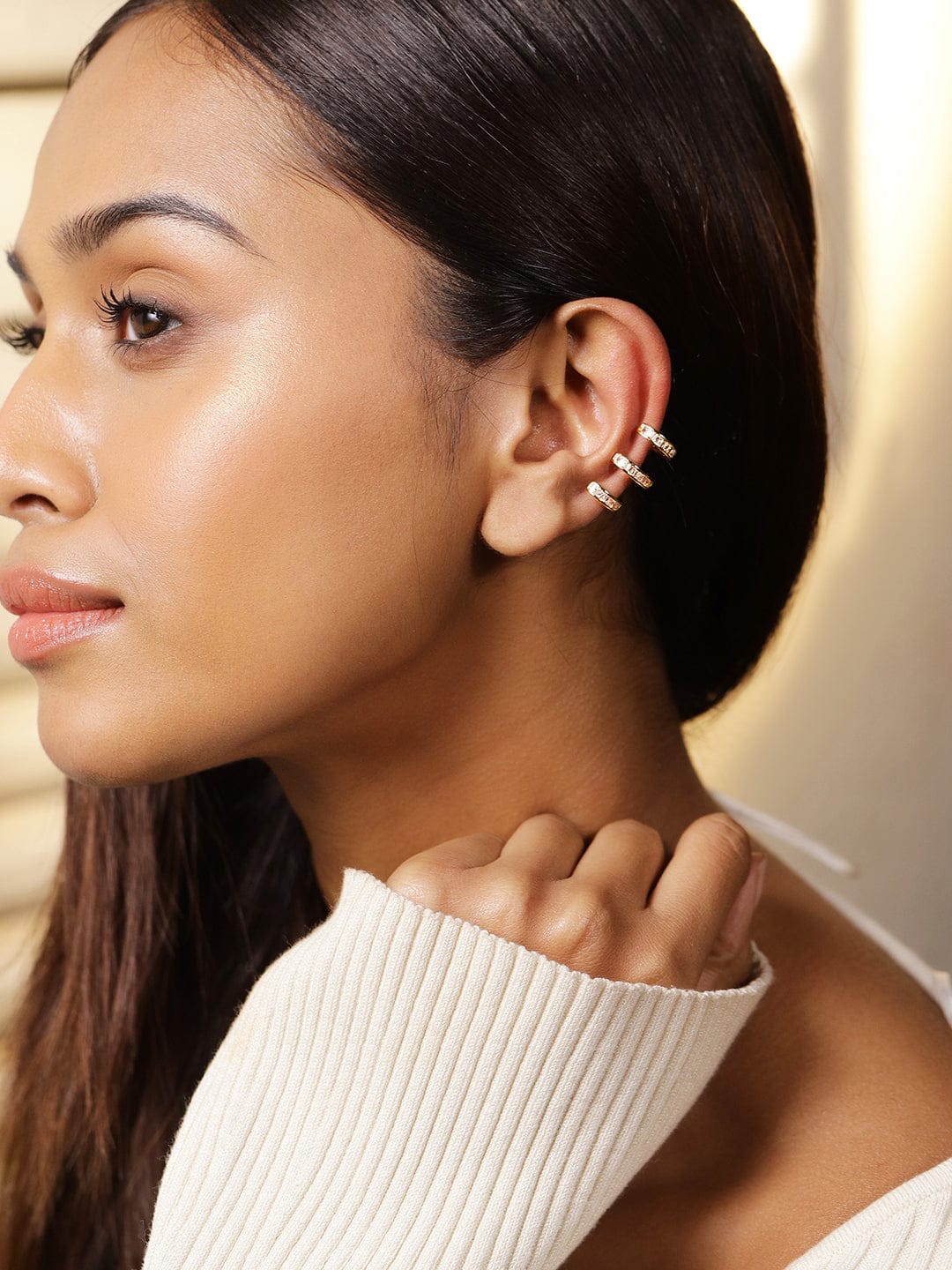 Triple Layered Gold Crystal Ear Cuffs フリーサイズ