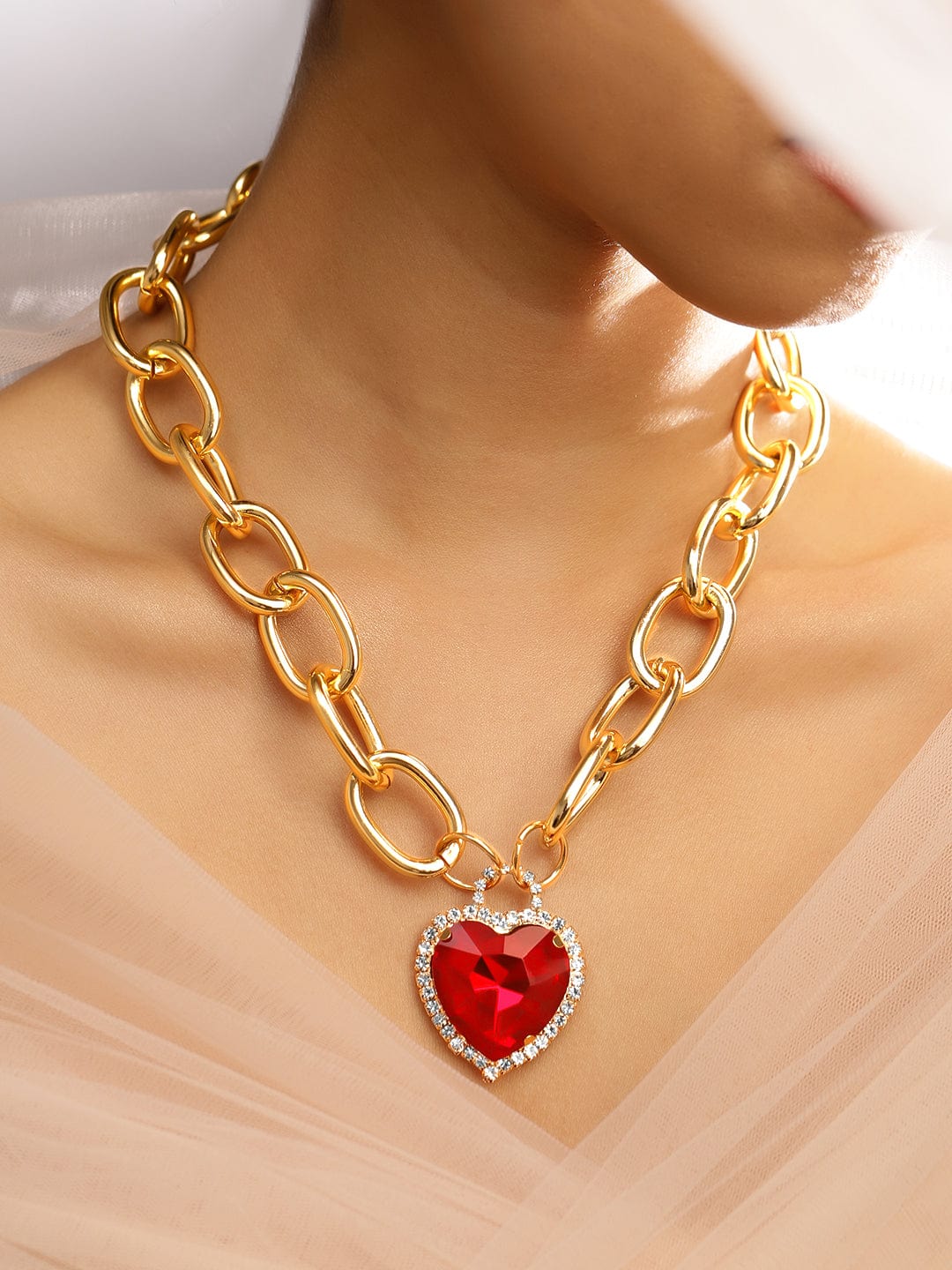【Rubans】 Red Heart Pendant Chunky Chain Necklace｜レッドハート ペンダント チャンキーチェーン ネックレス