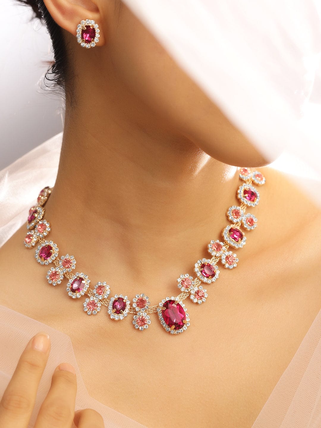 Pink Toned Crystal Necklace Set Pink & Peach