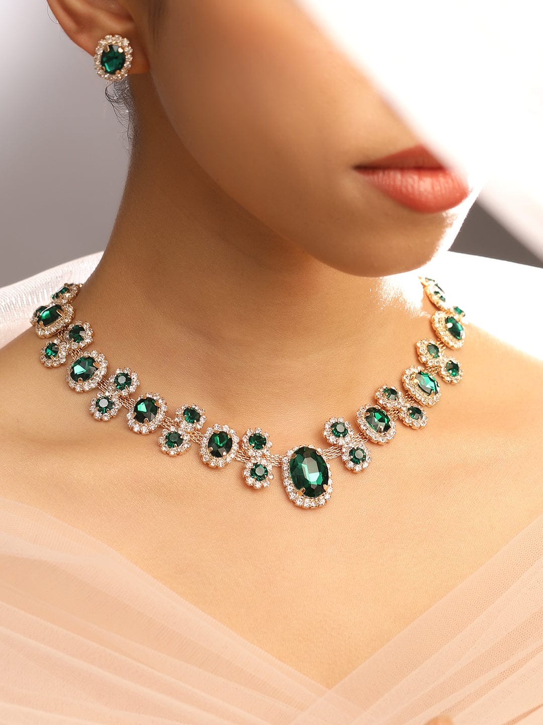 Gold Plated Emerald Green & White Crystal Necklace Set Green