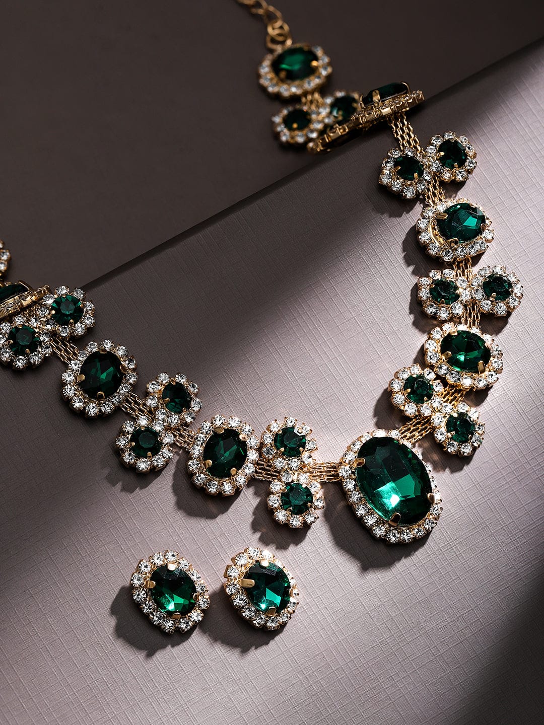Gold Plated Emerald Green & White Crystal Necklace Set Green