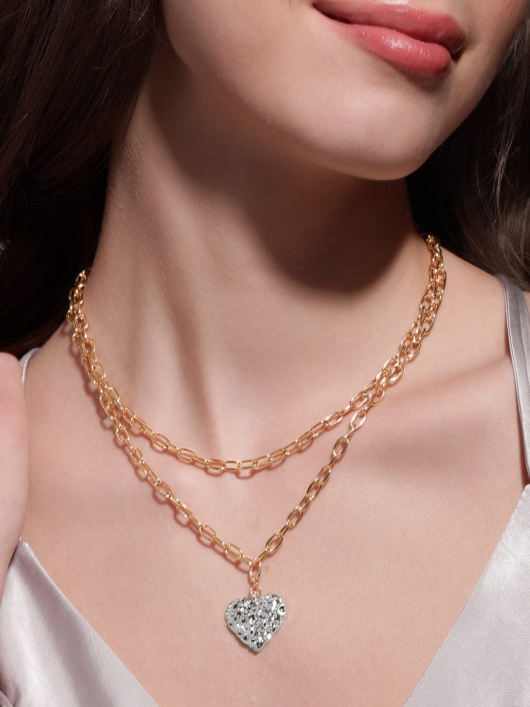 【Rubans】 Voguish 18K Gold Plated Link Chain Heart Motif Layered Necklace｜ヴォーギッシュ 18K ゴールドメッキ リンクチェーン ハートモチーフ レイヤードネックレス