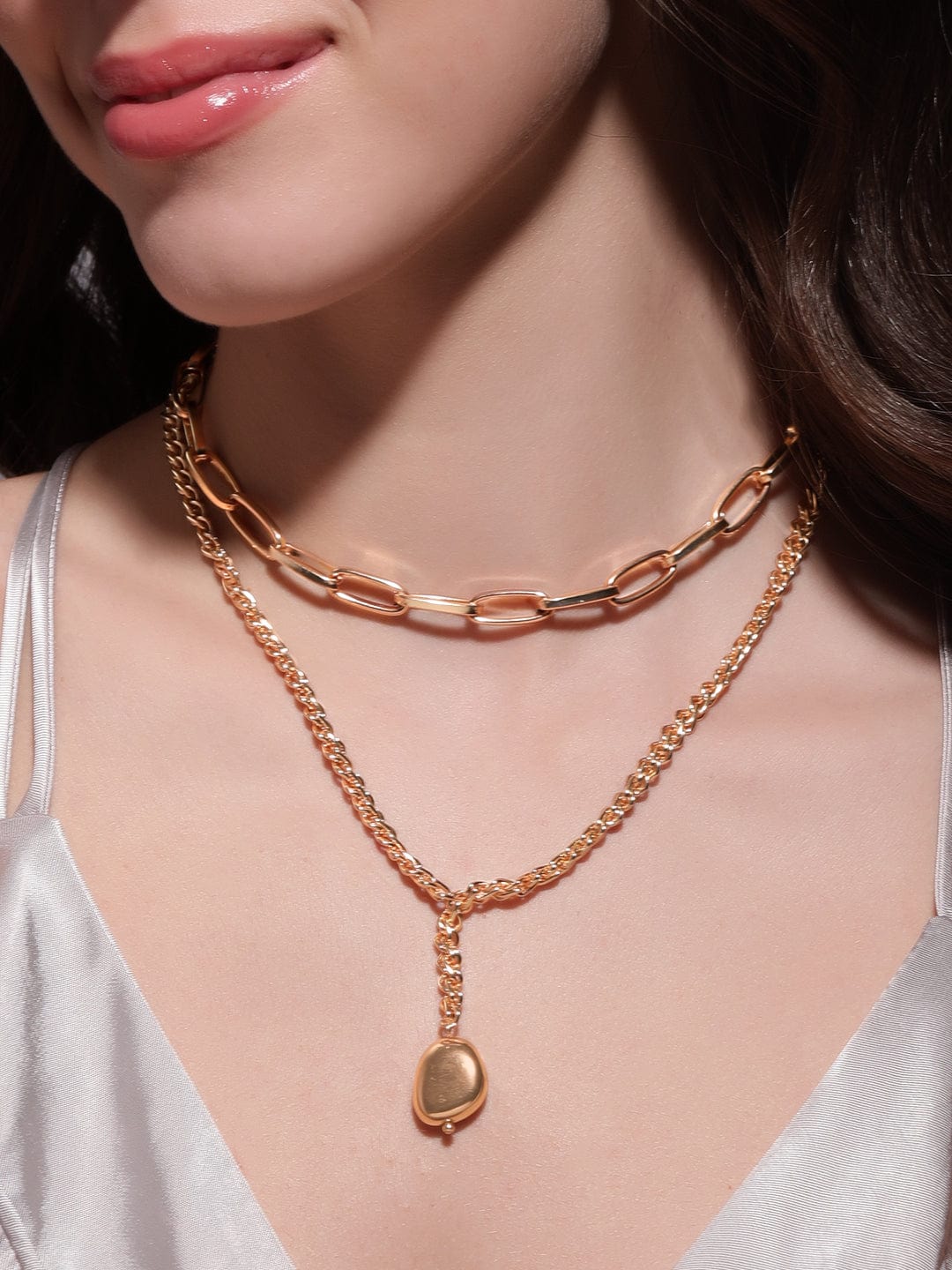 【Rubans】 Voguish 18K Gold Plated Link & Rope Chain Layered Necklace｜ヴォーギッシュ 18K ゴールドメッキ リンク＆ロープチェーン レイヤードネックレス