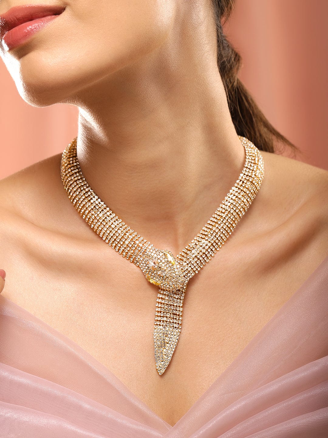 【Rubans】 Golden Serpent Zircon Statement Necklace｜ゴールドトーン ジルコン スネーク ステートメント ネックレス