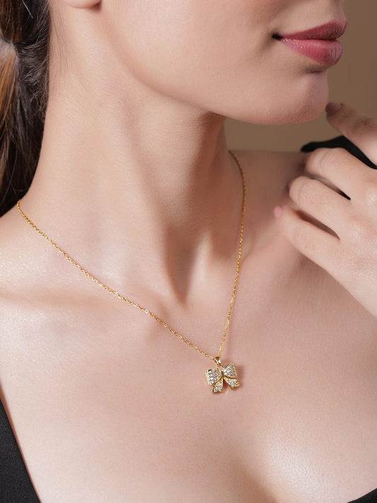 【Rubans】 Stunning Bow Stainless Steel Pendant Necklace｜18K ゴールドメッキ ステンレススチール CZ リボン ペンダントネックレス