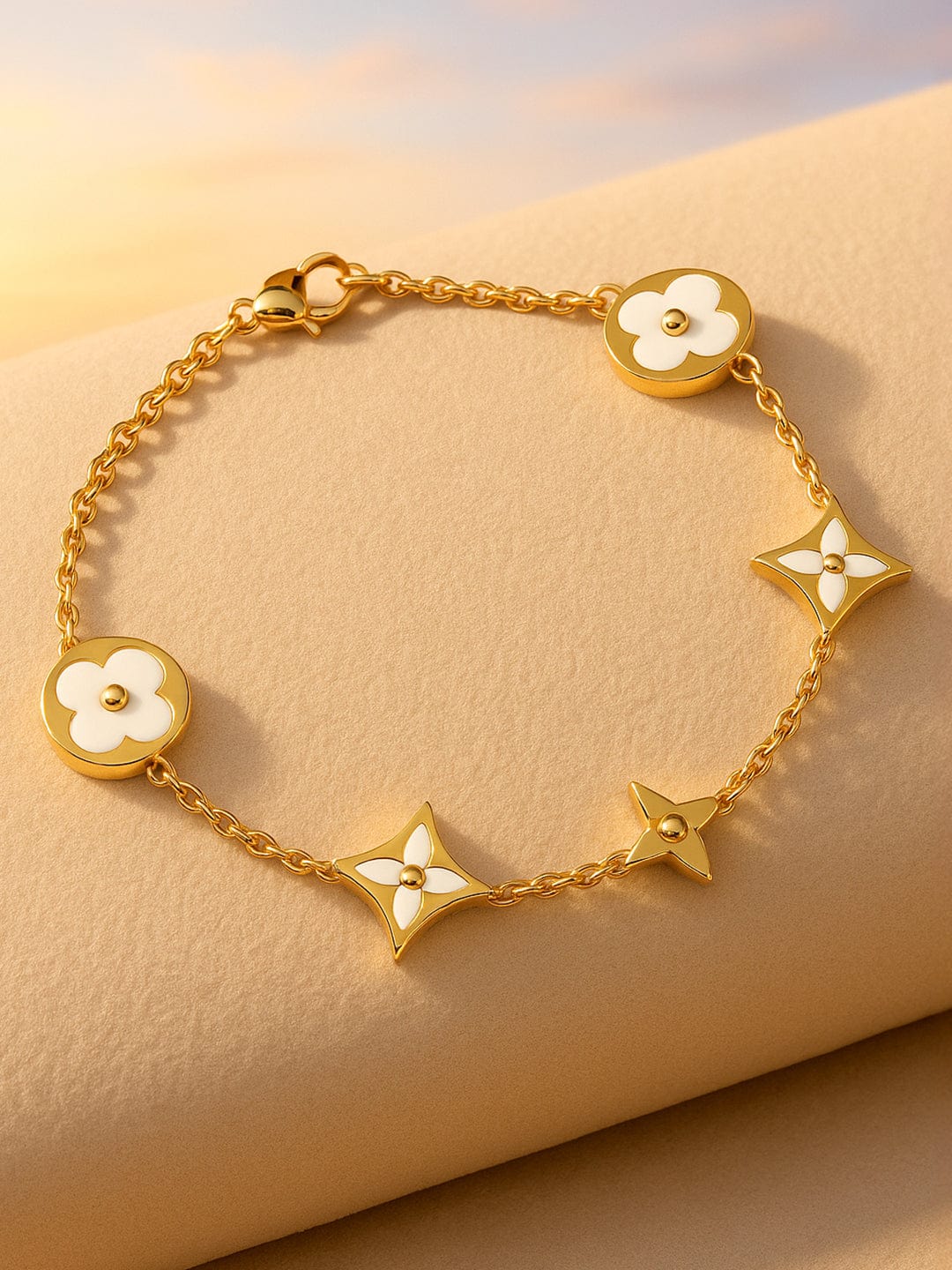 Rubans Voguish 18K Gold-Plated Stainless Steel Tarnish-Free Waterproof Floral Charm Bracelet Gold