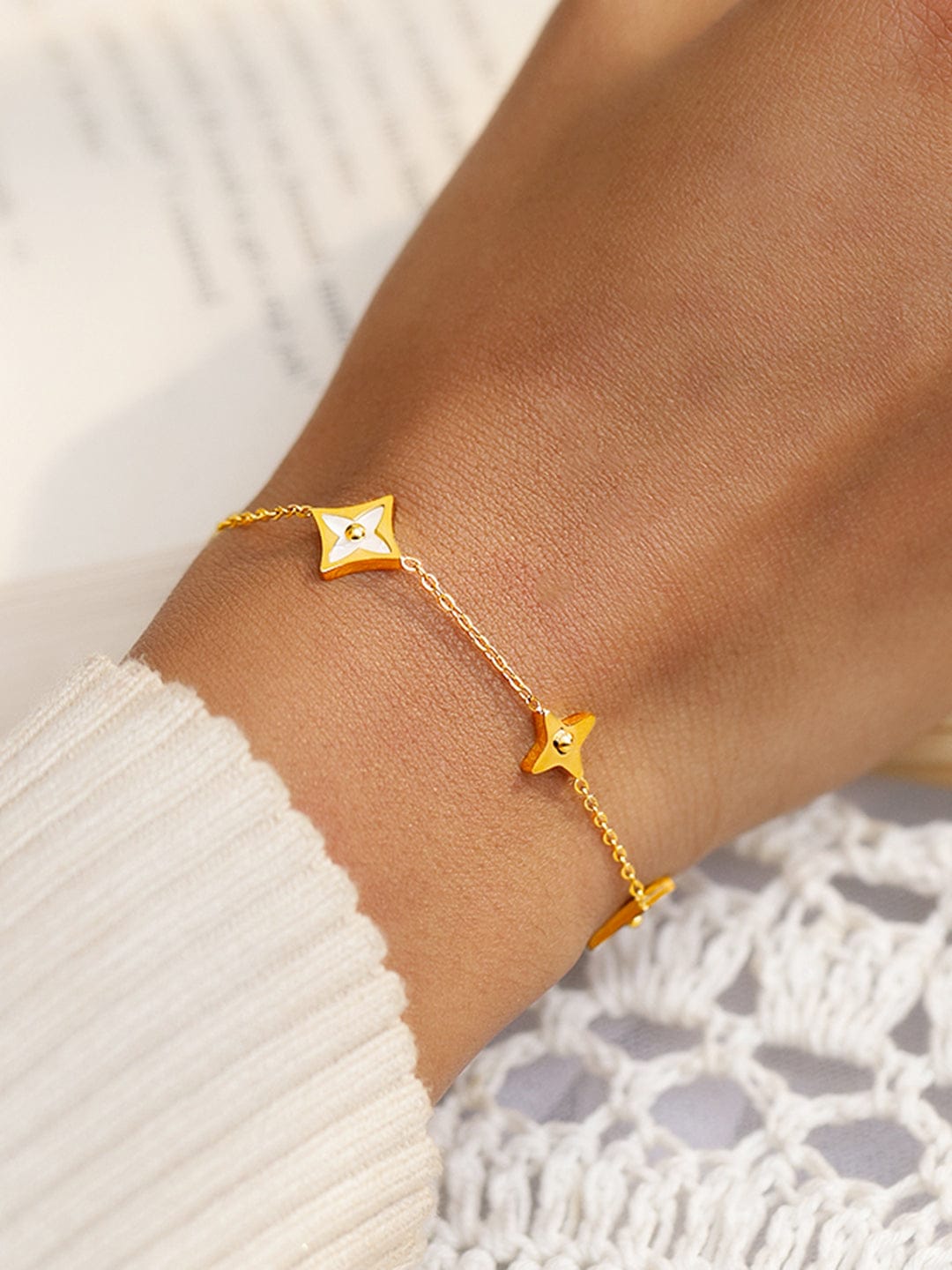 Rubans Voguish 18K Gold-Plated Stainless Steel Tarnish-Free Waterproof Floral Charm Bracelet Gold