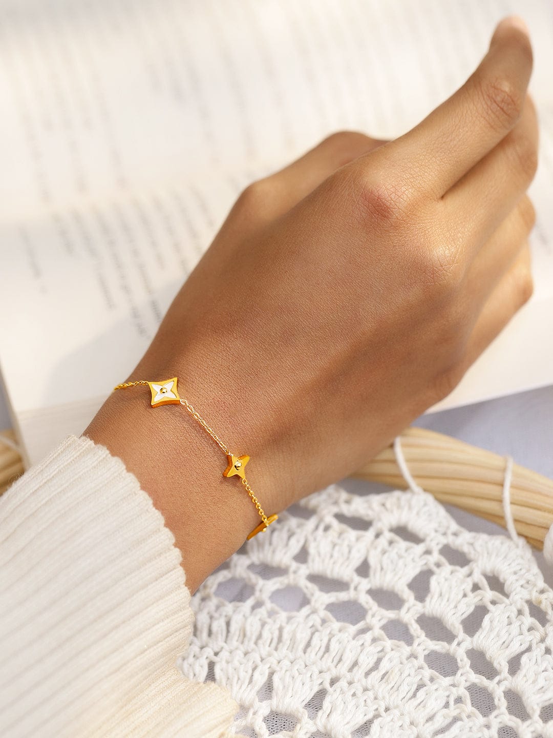 Rubans Voguish 18K Gold-Plated Stainless Steel Tarnish-Free Waterproof Floral Charm Bracelet Gold