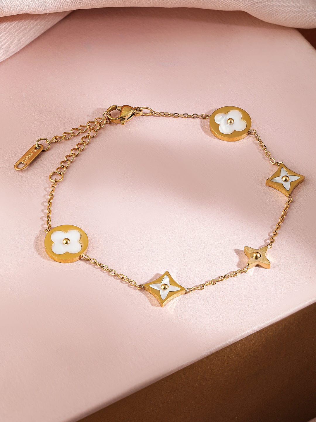 Rubans Voguish 18K Gold-Plated Stainless Steel Tarnish-Free Waterproof Floral Charm Bracelet Gold